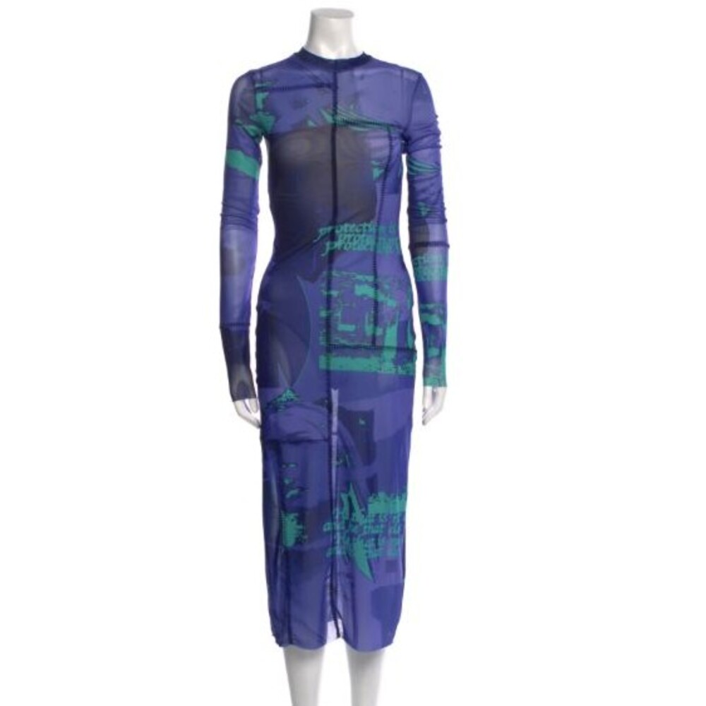 Danielle Guizio Sheer Mesh Graphic Printed Long Sleeve Dress Blue,Lilac,Green XS